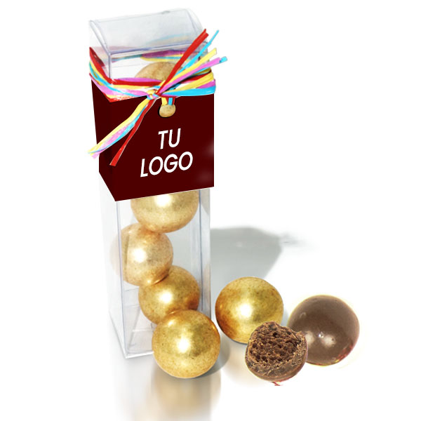 Caja de acetato con de bolas de chocolate